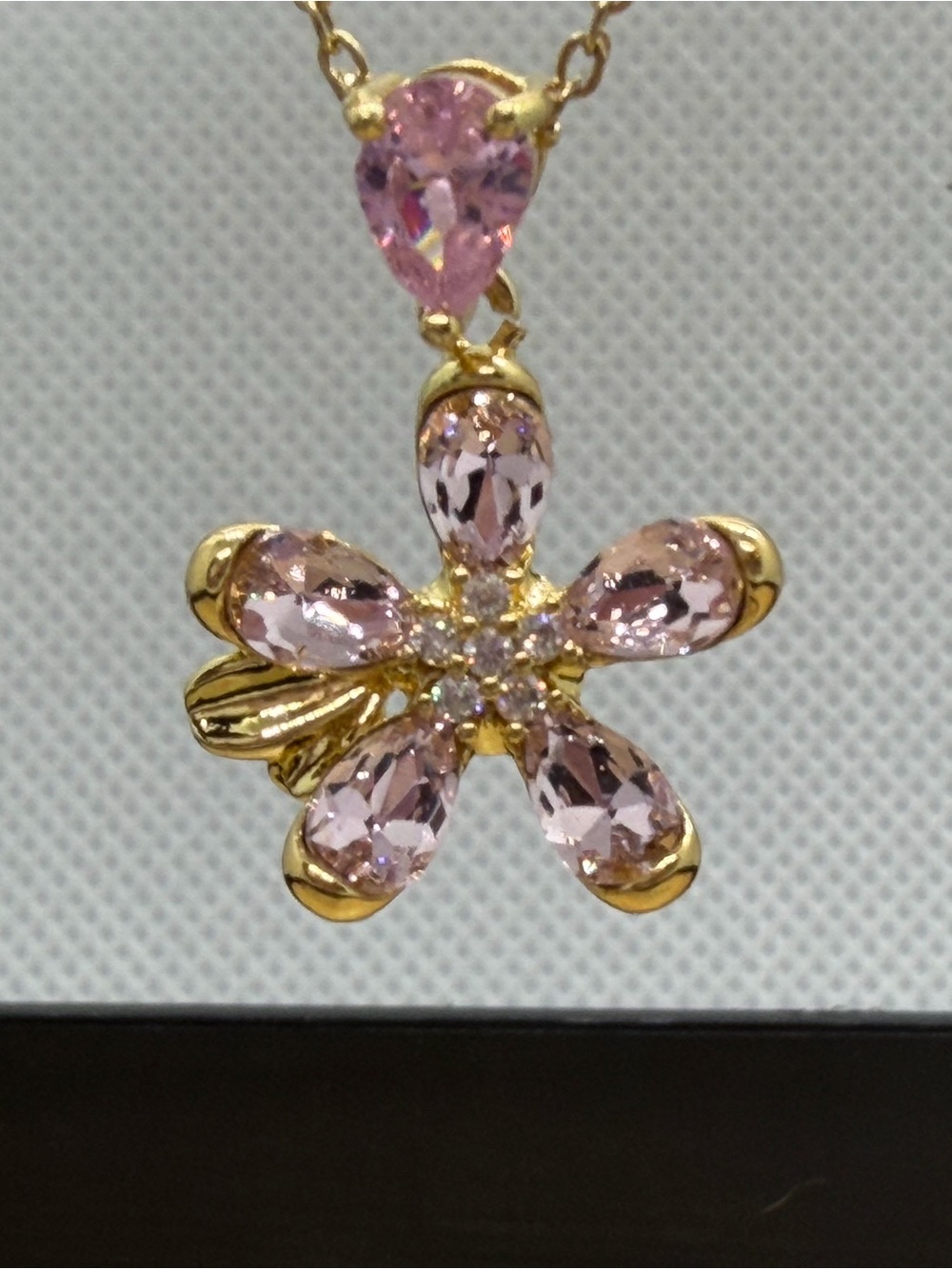 Gold Floral Pendant Necklace with Pink Gemstones